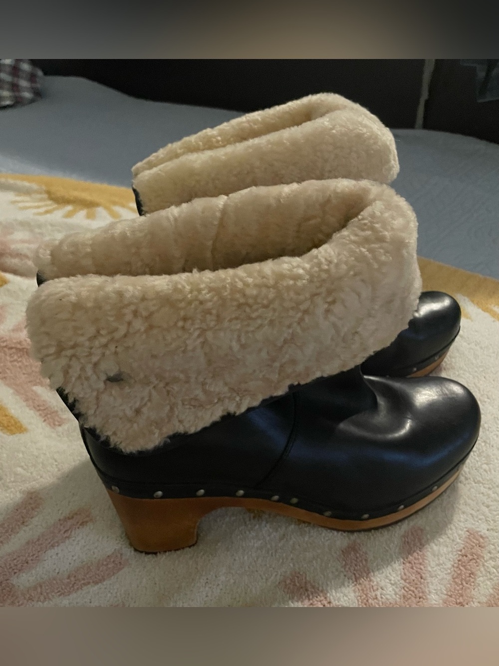 UGG Leather Shearling Clog Boots, Black, Size 8 (Style 1958)